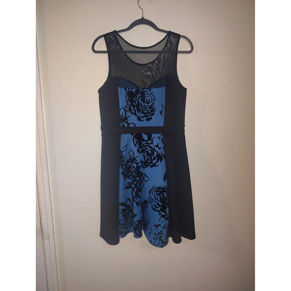 En Focus Studio Blue Black Floral Mesh Neck Sleeveless Fit Flare Dress Womens 14